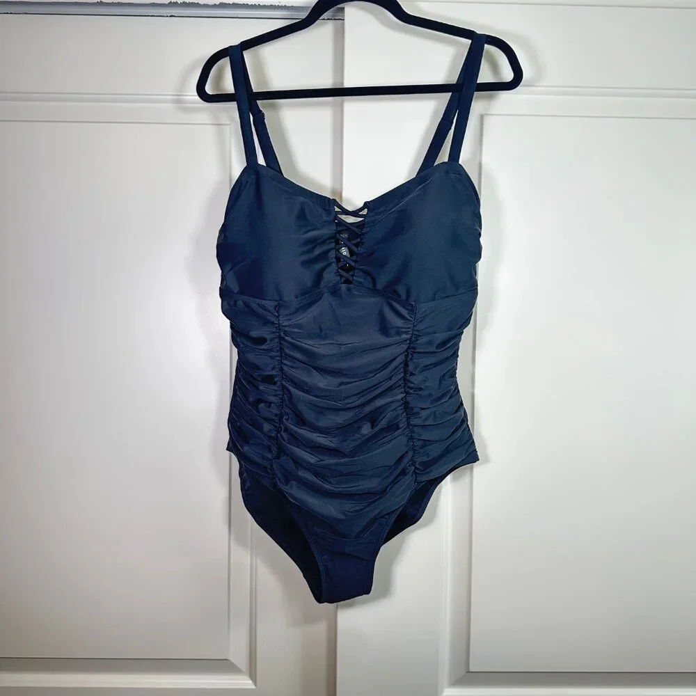 Torrid Wireless Lattice Ruched Black One-Piece Swimsuit 1X